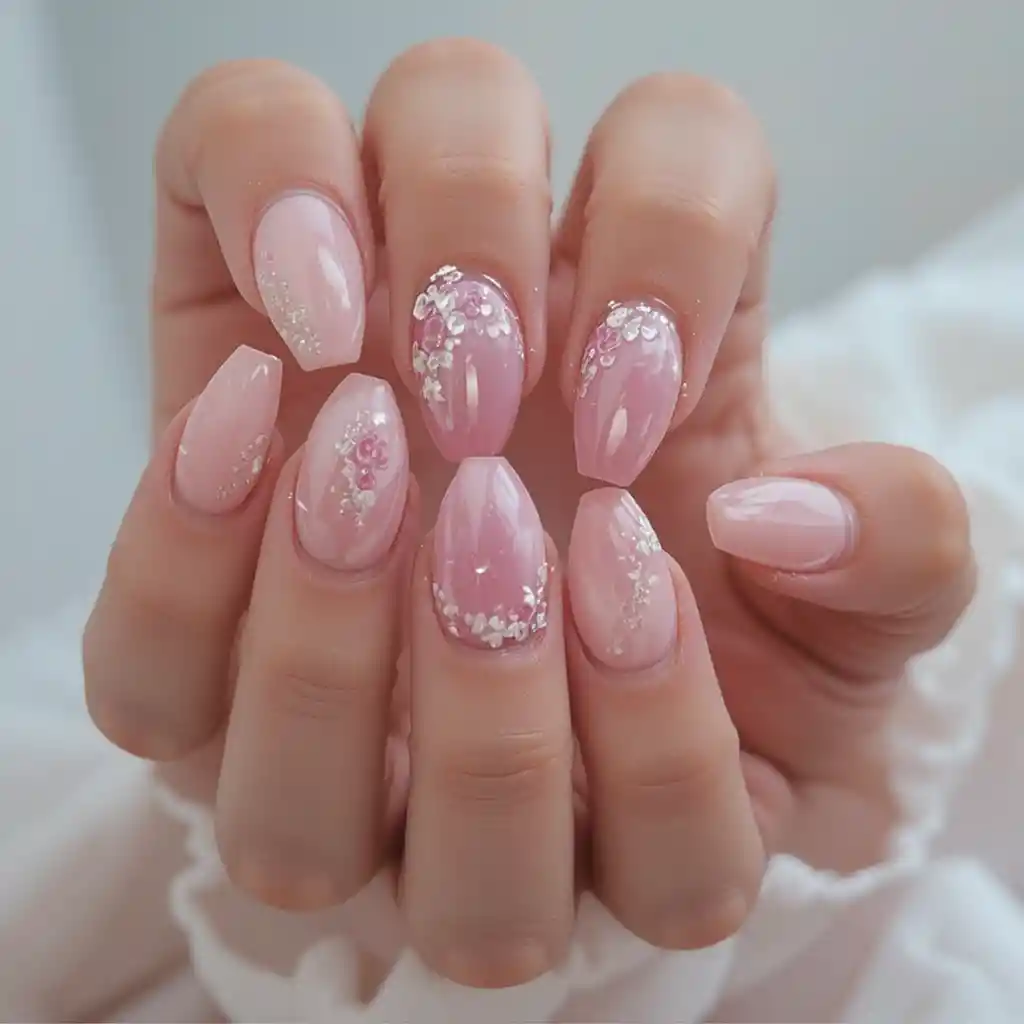Nail art rosa latte con finish lucido morbido e delicato