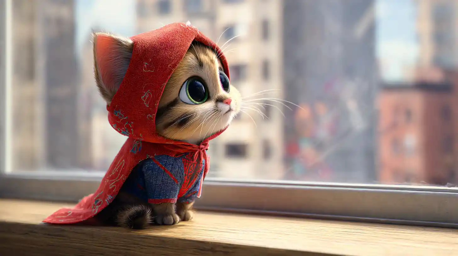 Chaton espiègle super‑héros dans un minuscule costume de Spiderman