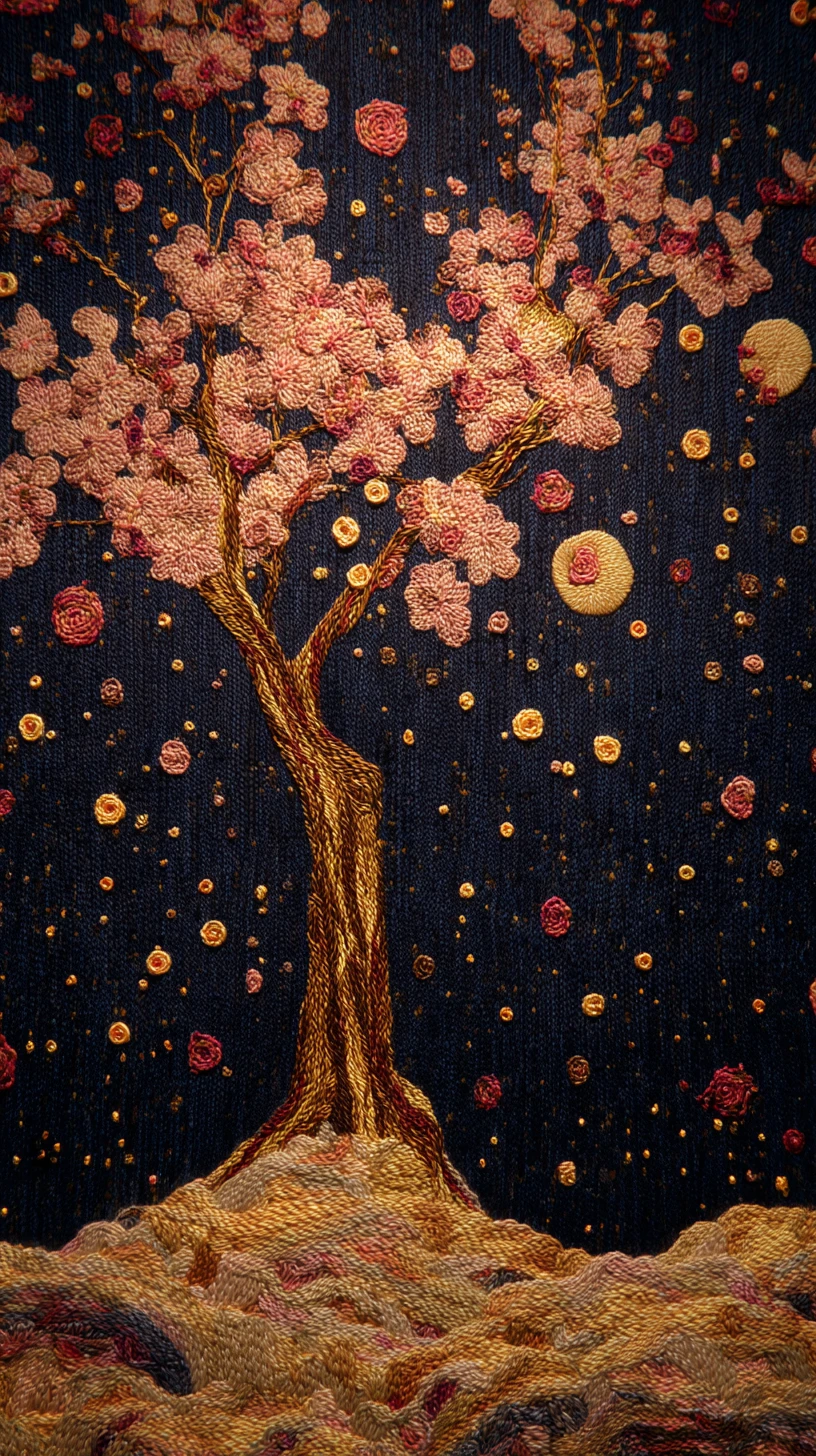 Knitted cherry blossom tree glowing in an enchanted forest night