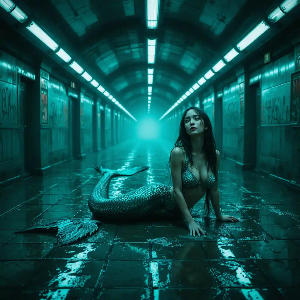 Sirena perdida en una estación de metro subterránea abandonada e inundada