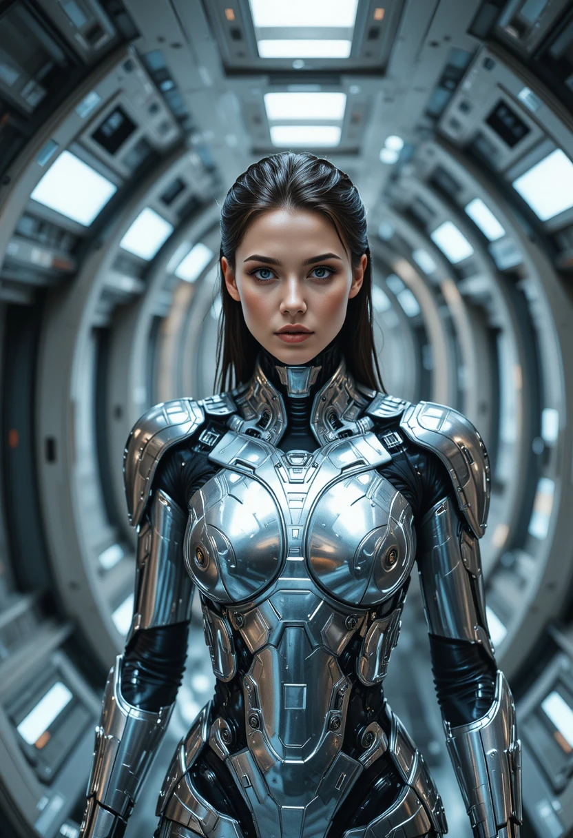 Cyborg woman walking through a futuristic spaceship corridor