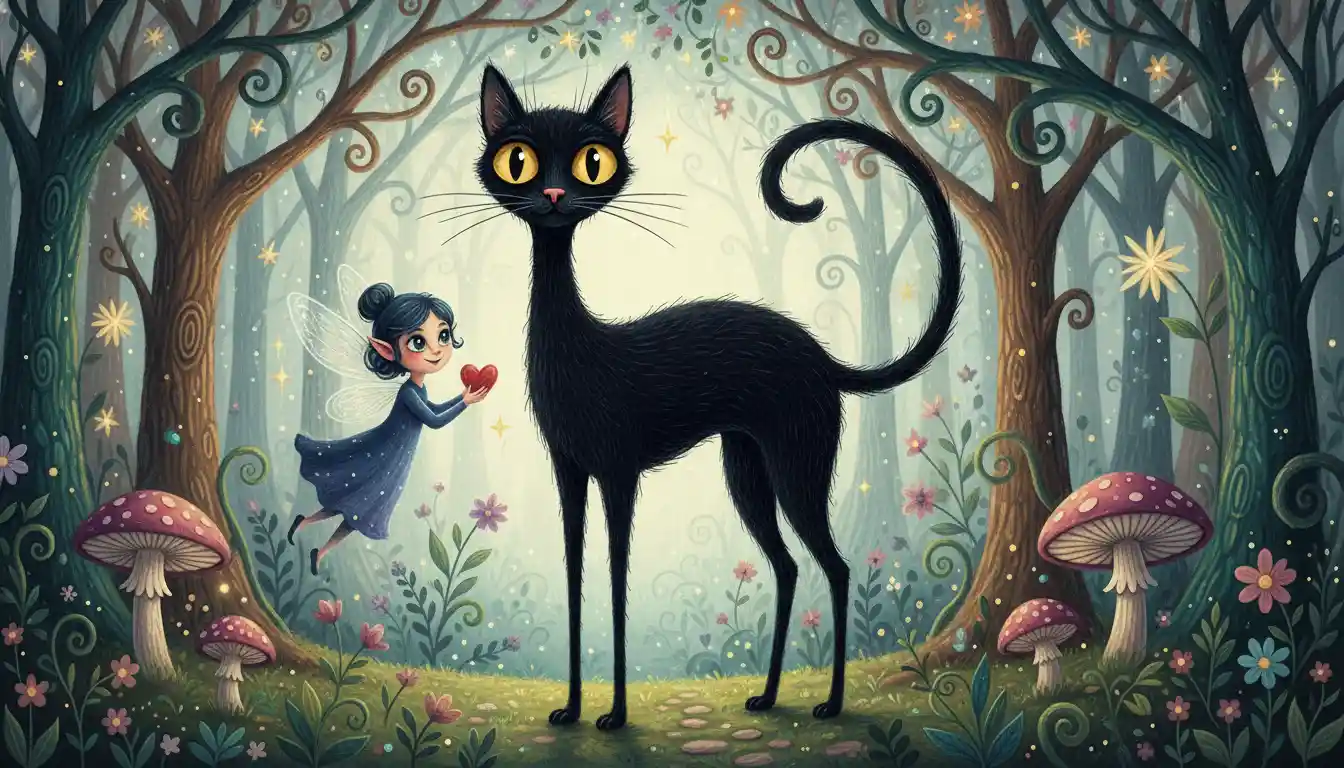 Tall black folk art cat with tiny fairy friend