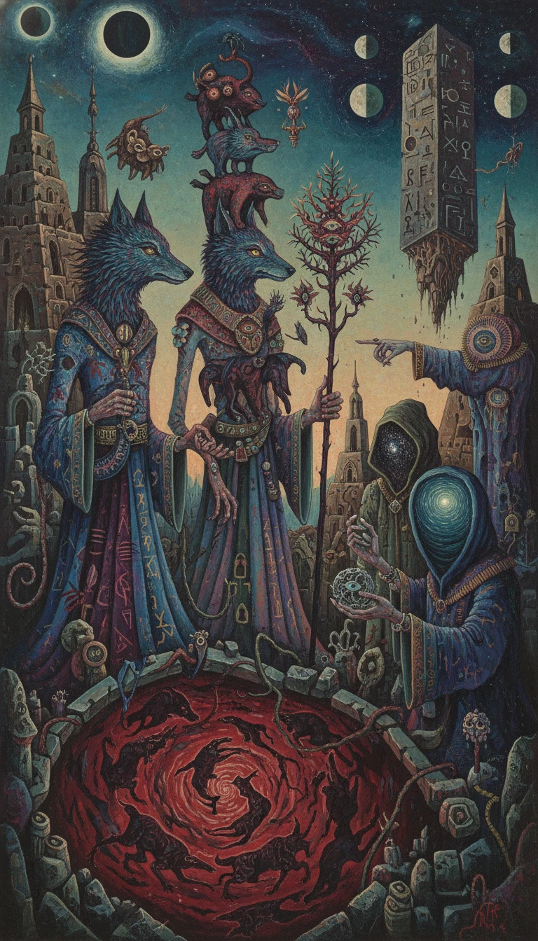Surreale Traumlandschaft mit hundeartigen Humanoiden in einer mystischen Welt