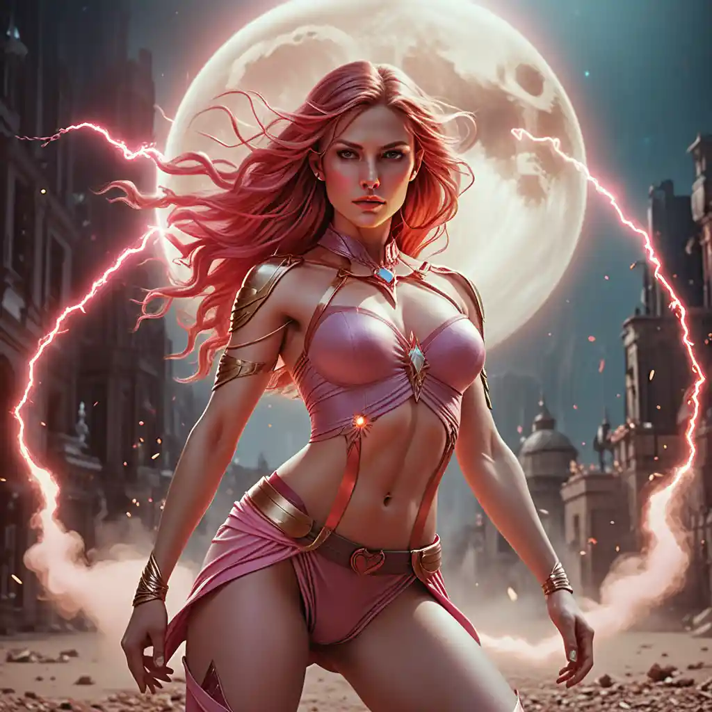 Kneeling red haired fantasy woman with magical lightning