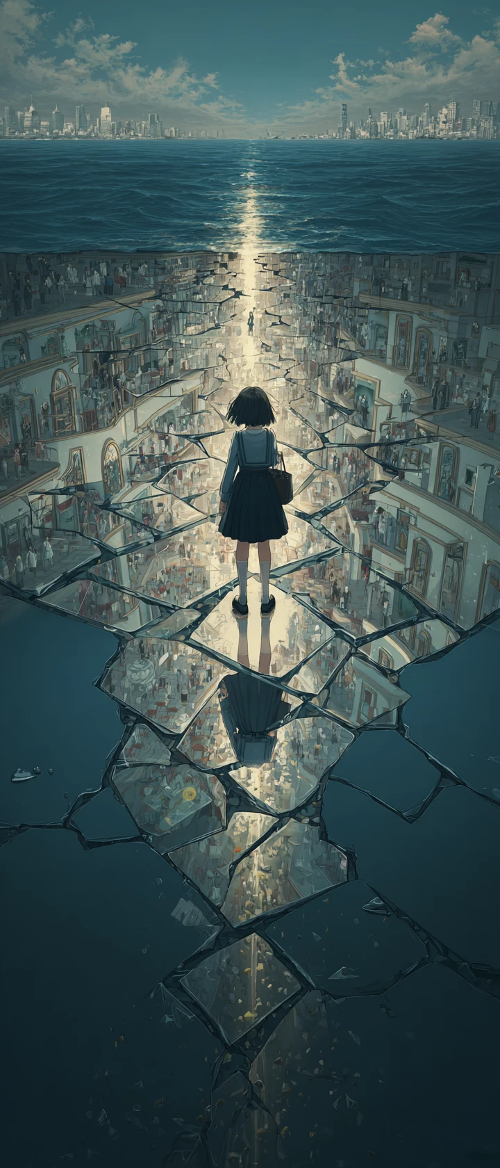 Schoolgirl Standing On Dark Ocean Holding Glowing Egg
