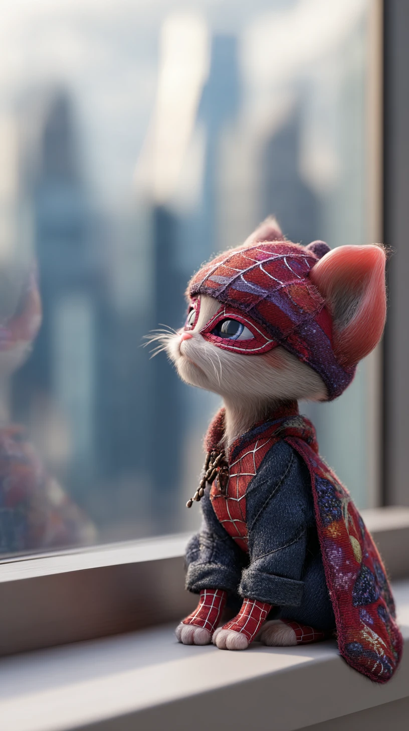 Gatinho super-herói brincalhão na janela de frente para o horizonte da cidade