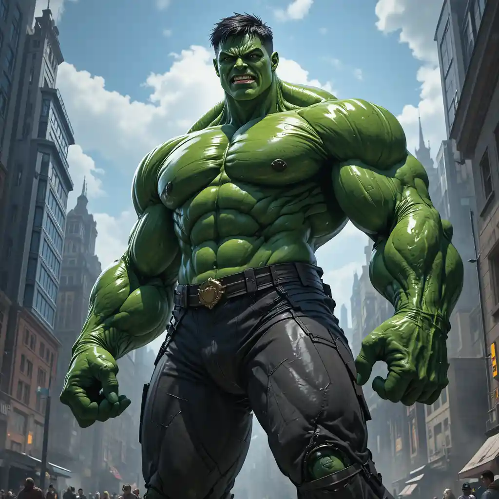 Green muscular superhero towering over a modern cityscape