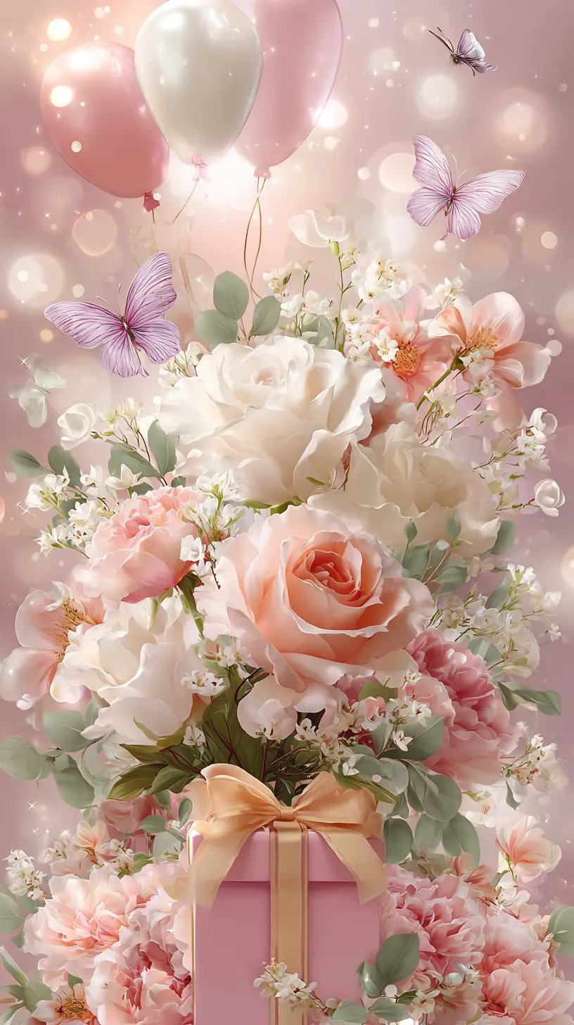 Elegant floral bouquet with pink gift box and balloons