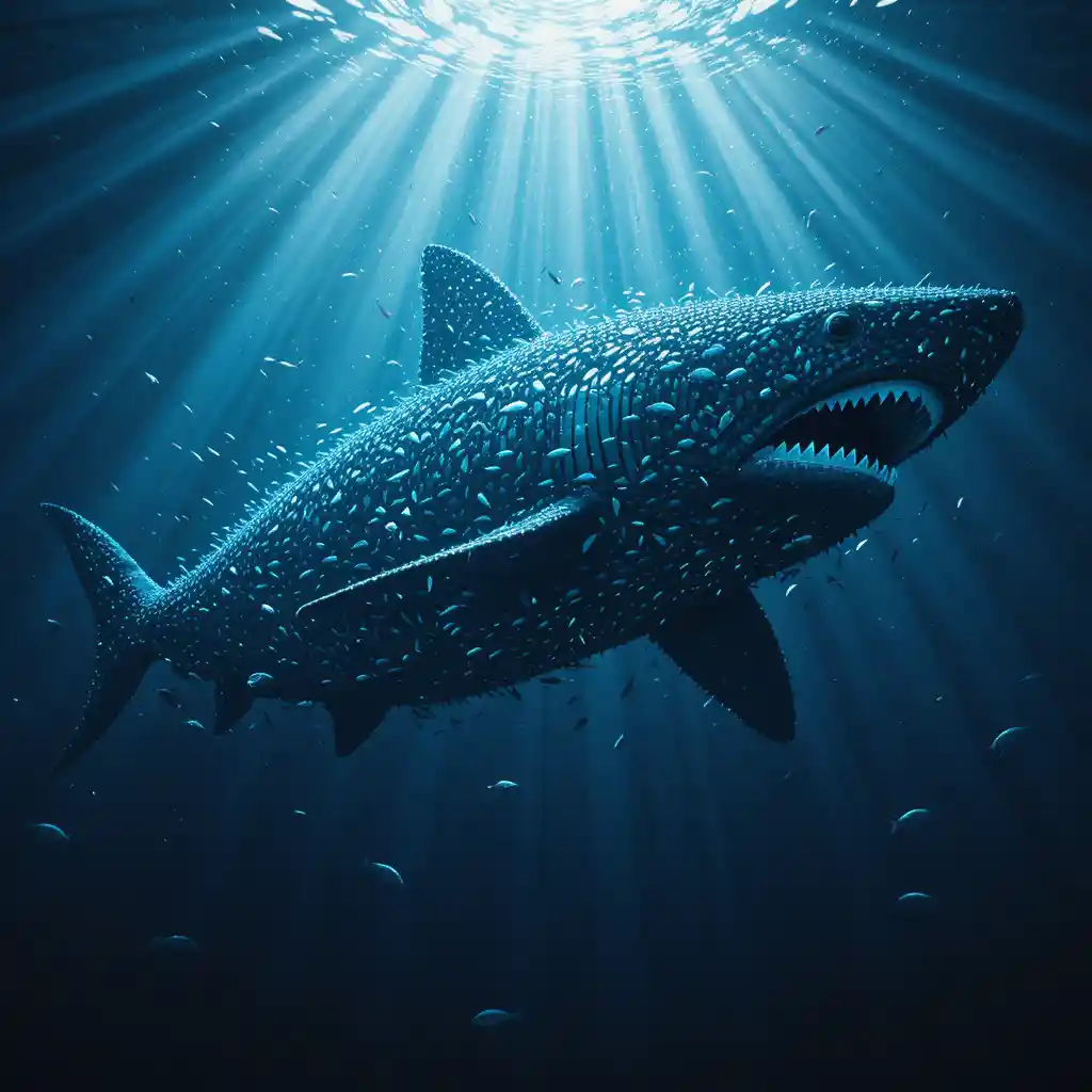 Giant shark silhouette formed by glowing school of fish