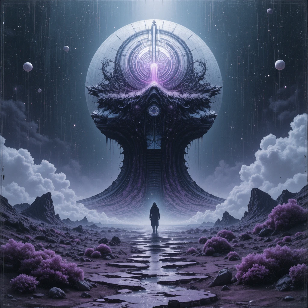 Surreal cosmic landscape with subtle alien presence and glitches