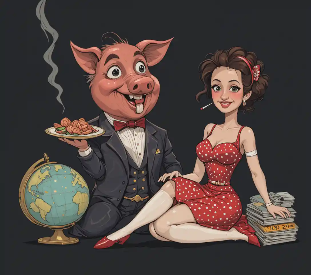 Pig in tuxedo with plate of food on black background
