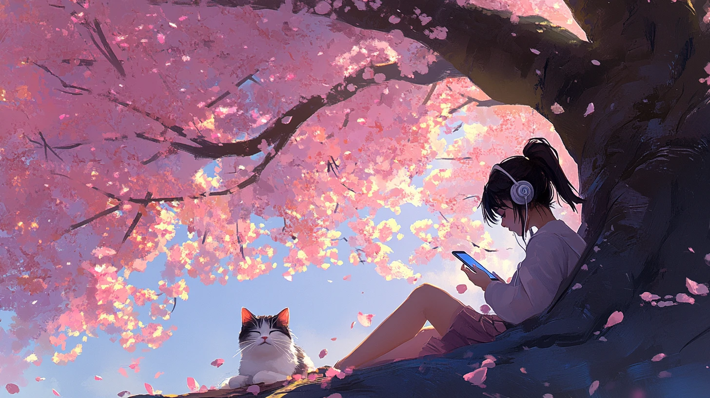 Gato durmiendo bajo un cerezo en flor
