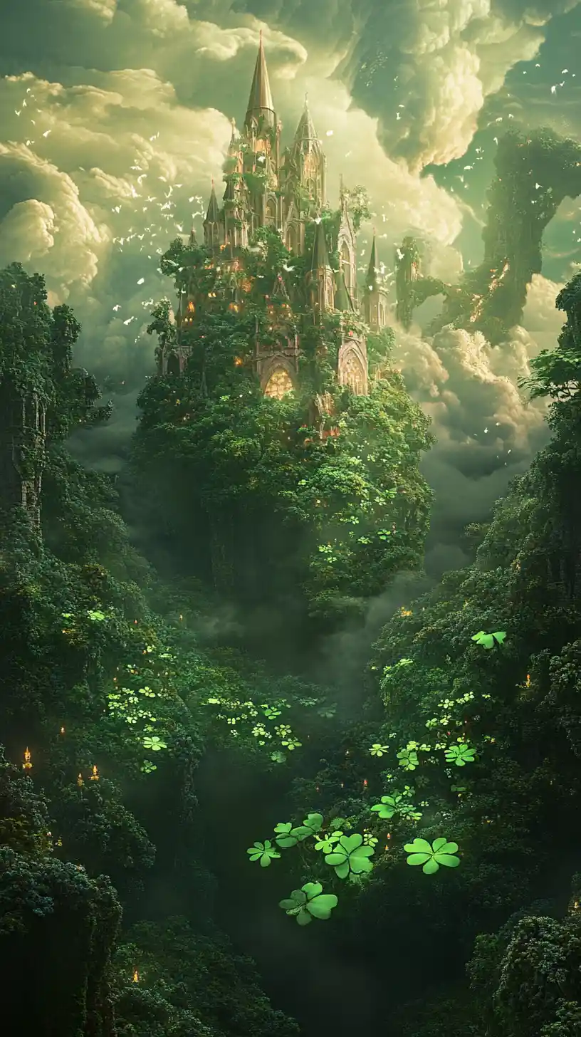 Dark fantasy shamrock illusion in a surreal fairy tale scene