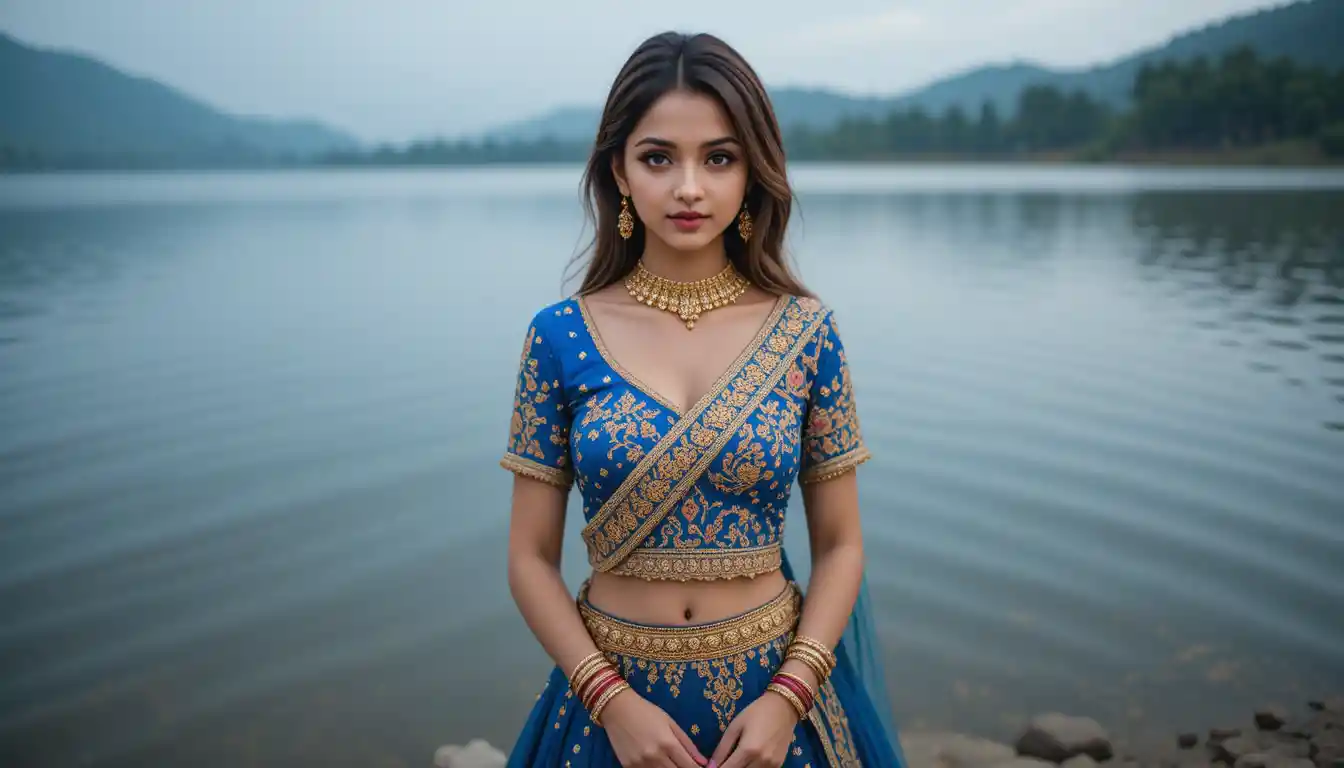 Indian woman in blue lehenga standing by a peaceful lake