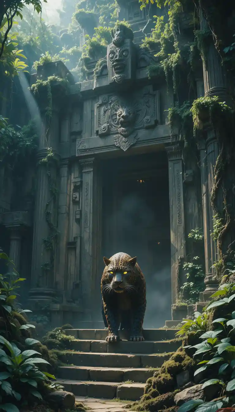 Ancient jaguar guardian before a hidden jungle temple