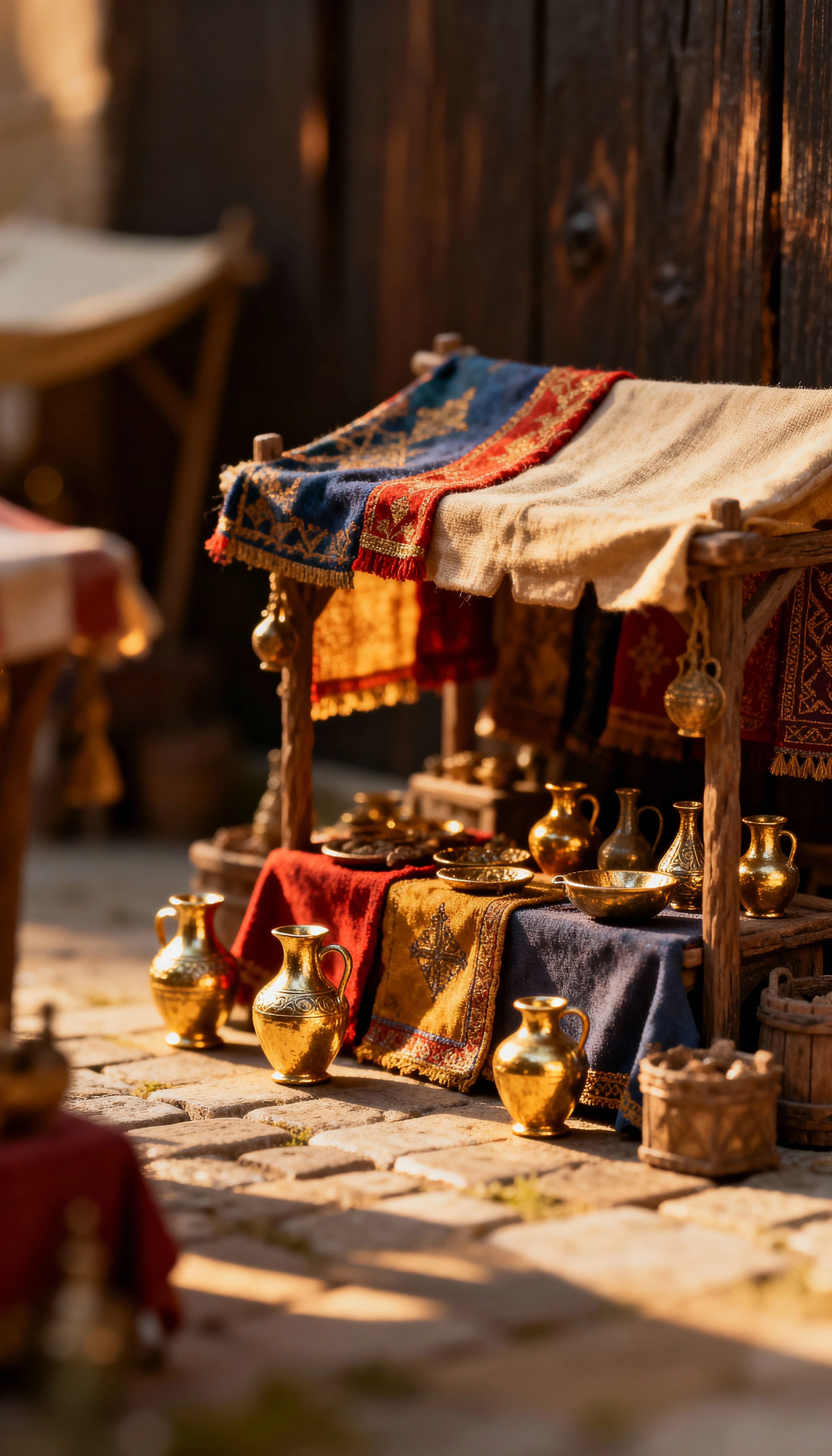 Close-up de miniaturas de mercado medieval em luz quente