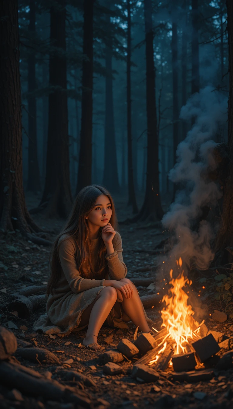Cute girl with long hair sitting by a night campfire