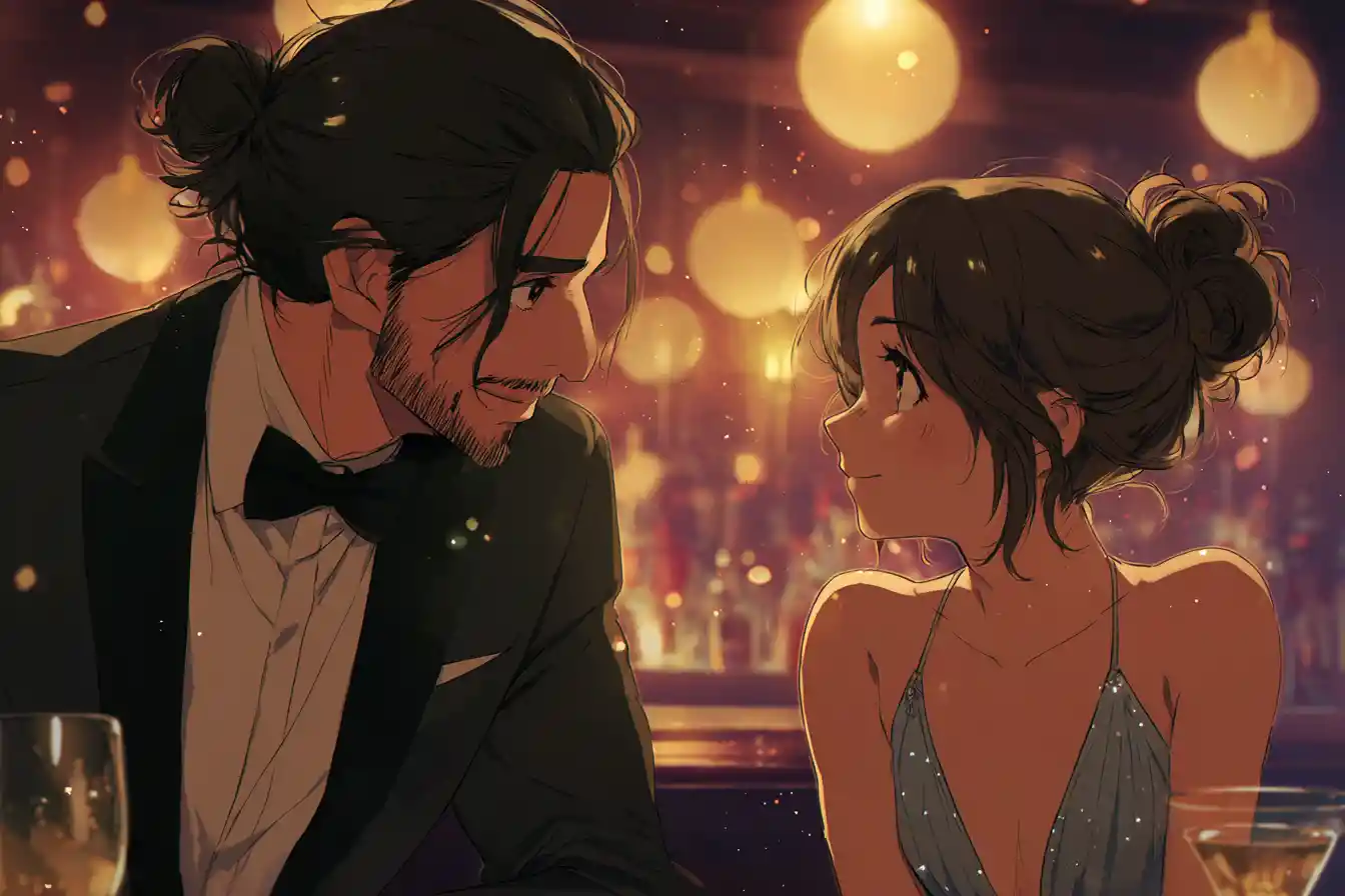 Anime couple sharing a flirtatious gaze across a bar