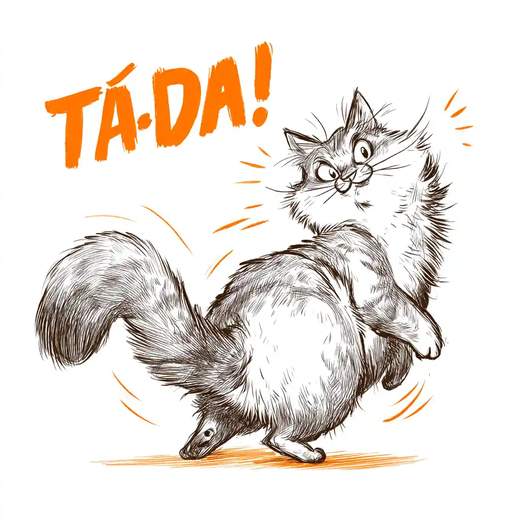 Mischievous cartoon cat proudly shows its backside with ta da text