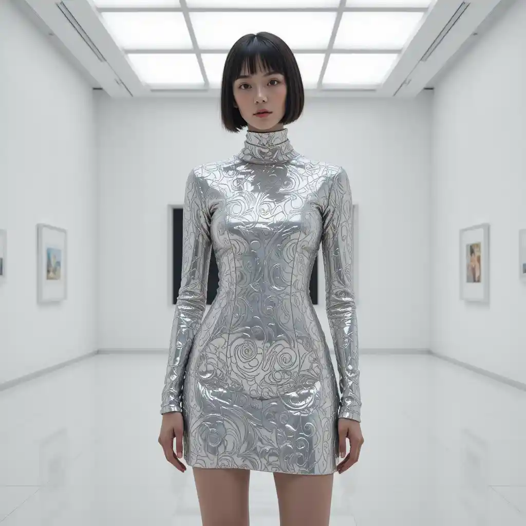 Korean fashion model in metallic silver babydoll dress
