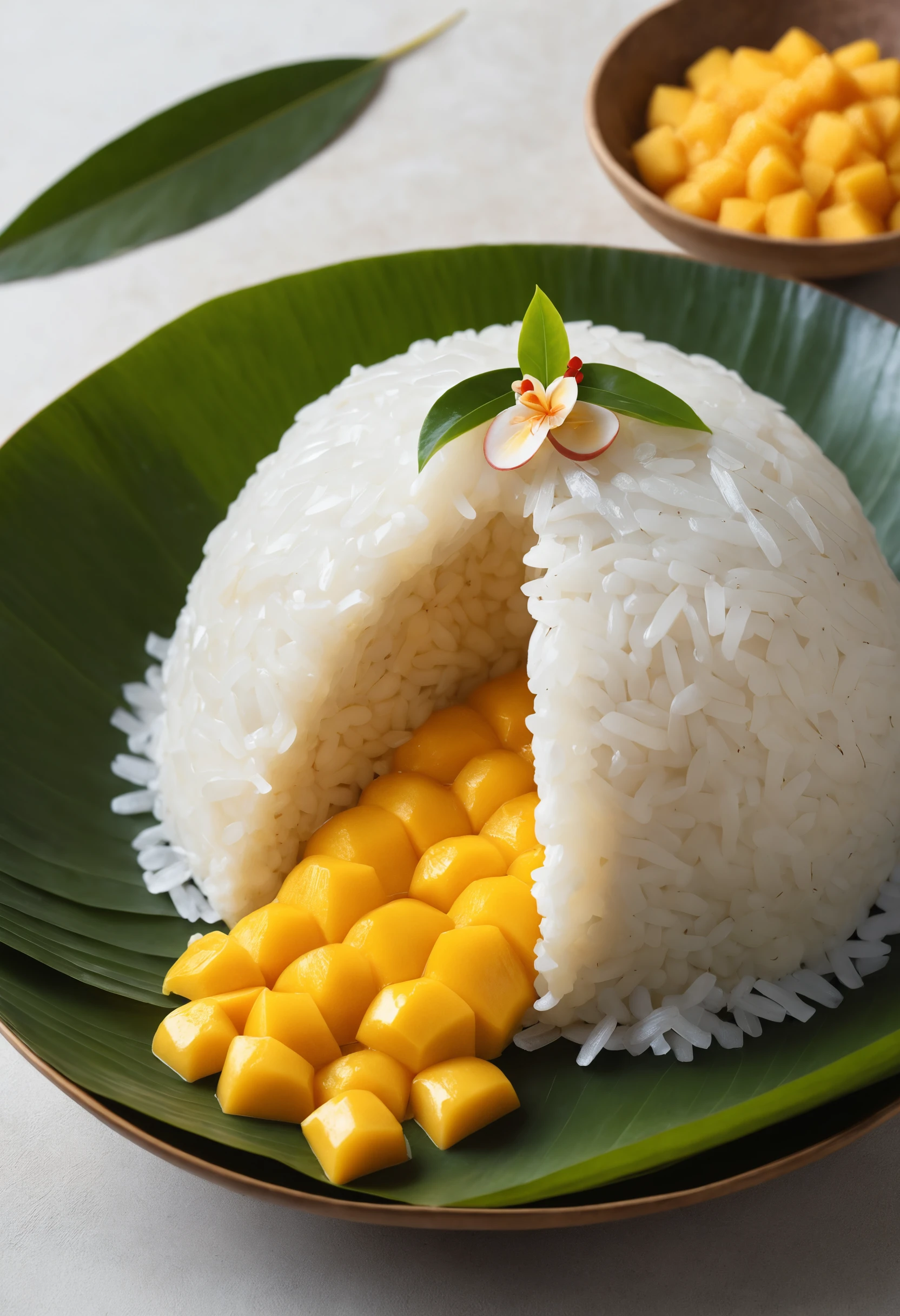 Postre de mango con arroz glutinoso y cúpula de crema de coco