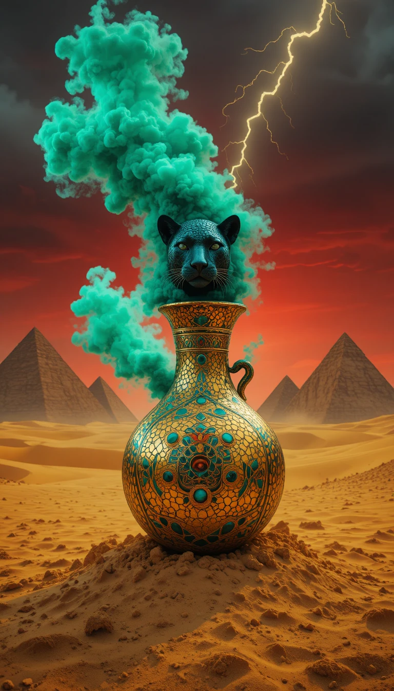 Surreal green leopard rising from mosaic jug in desert