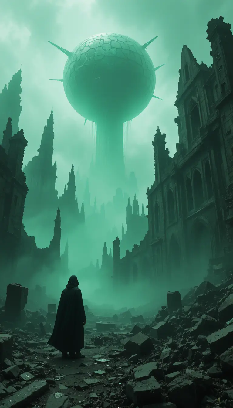 Cloaked wanderer in green apocalyptic ruins under orbs
