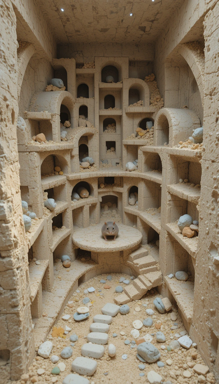 Wide angle view of a hamster exploring its underground home