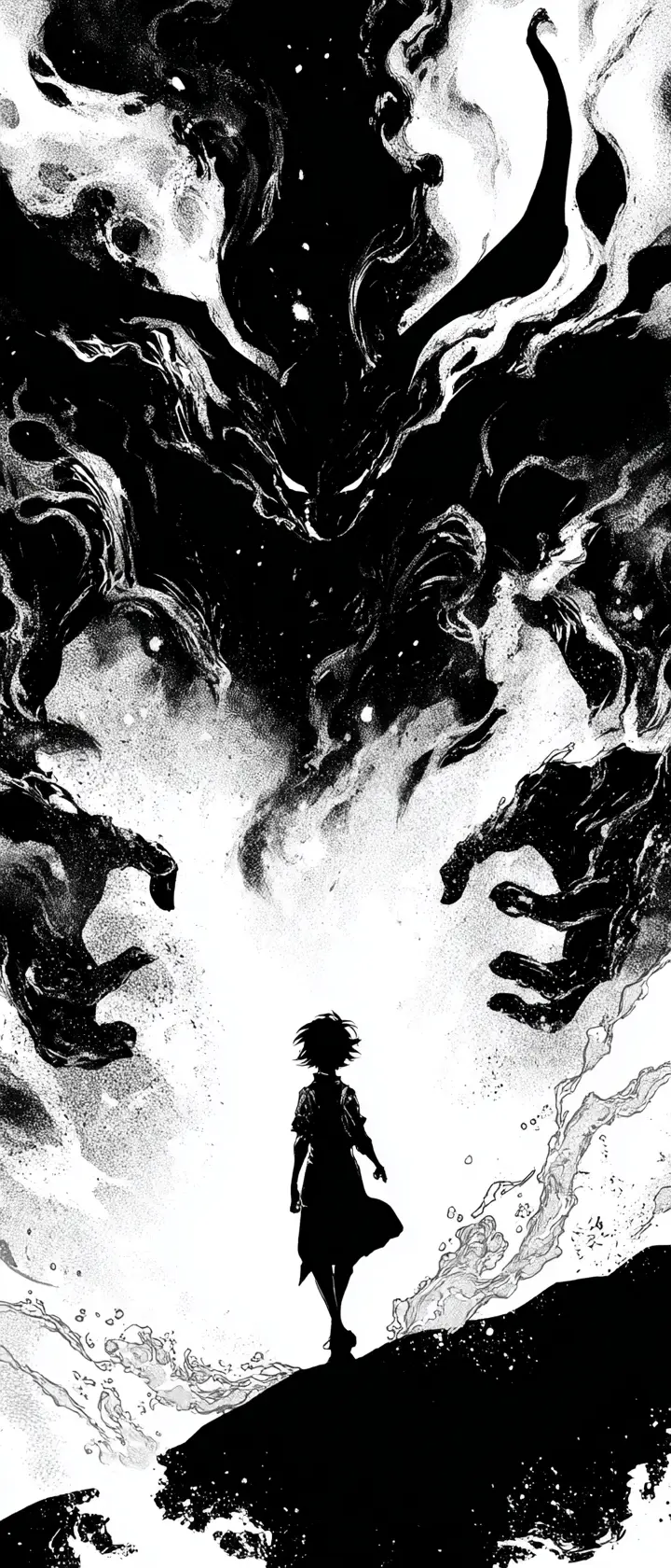 Towering cursed spirit guarding a sleeping child in darkness