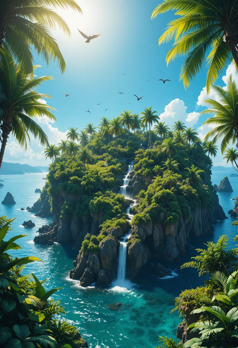 Tropical island paradise with turquoise water and palm trees