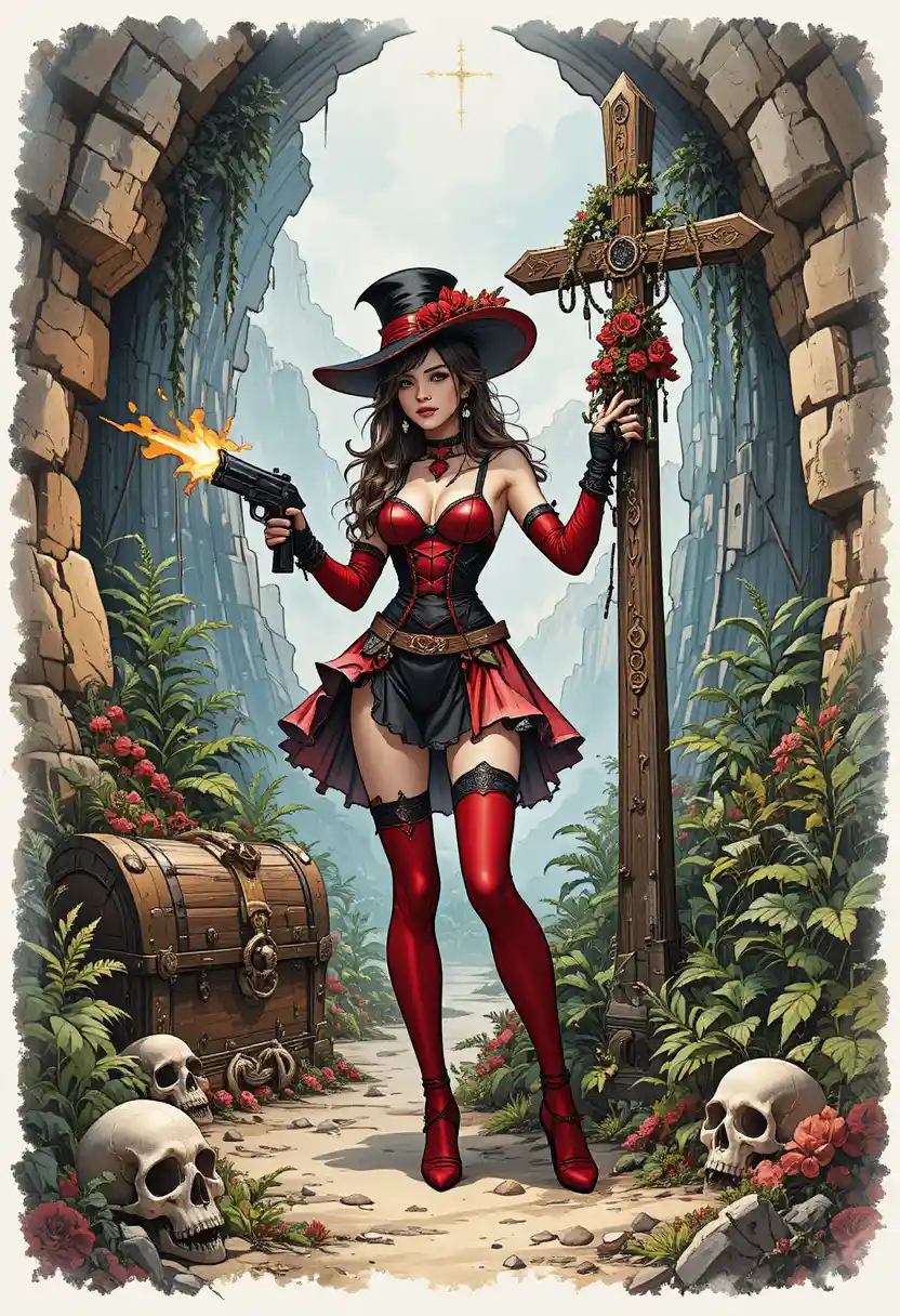 Armed fantasy woman in red facing a blazing cross