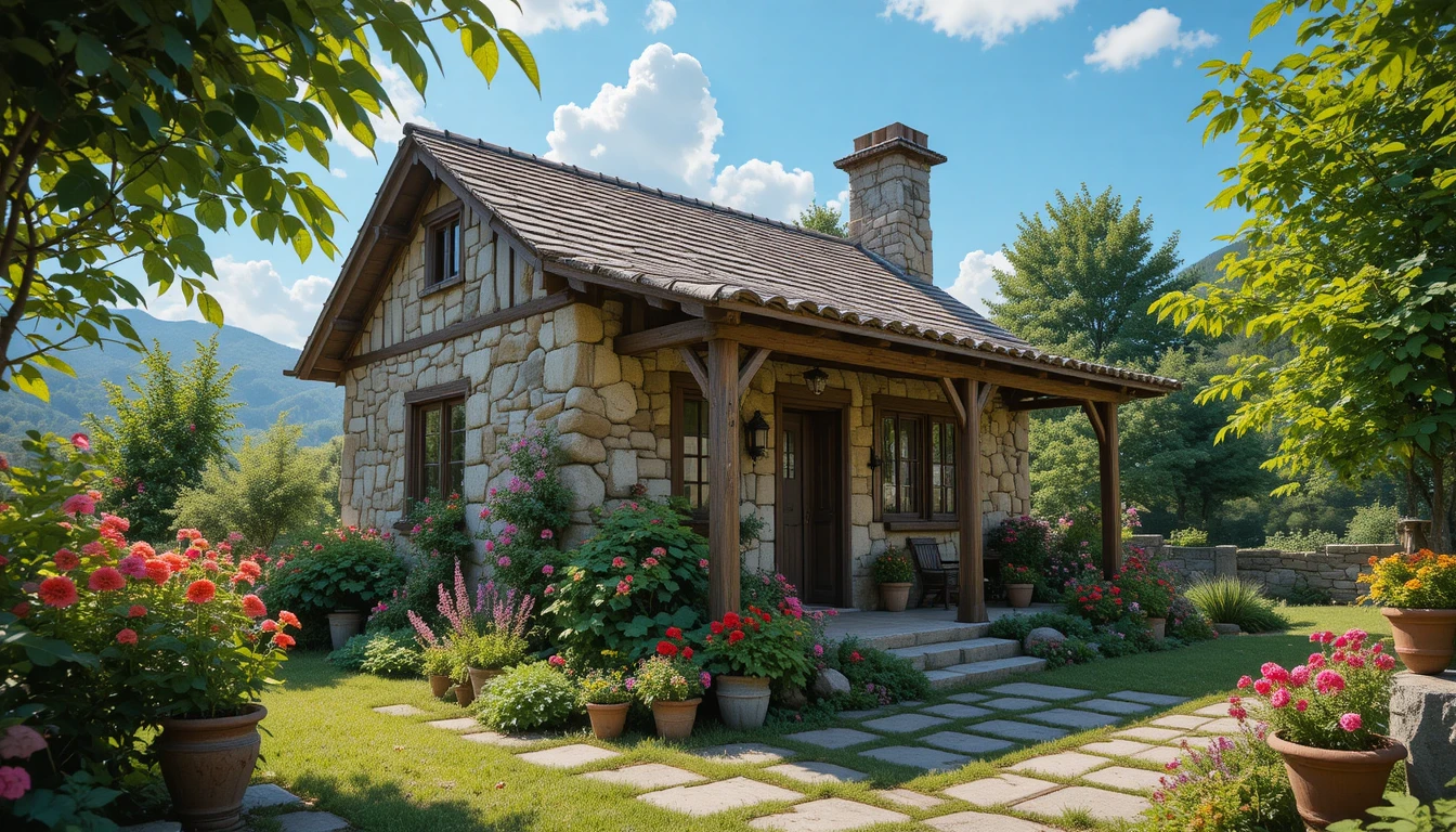 Rustikale Steinhütte mit Blumen im friedlichen grünen Garten