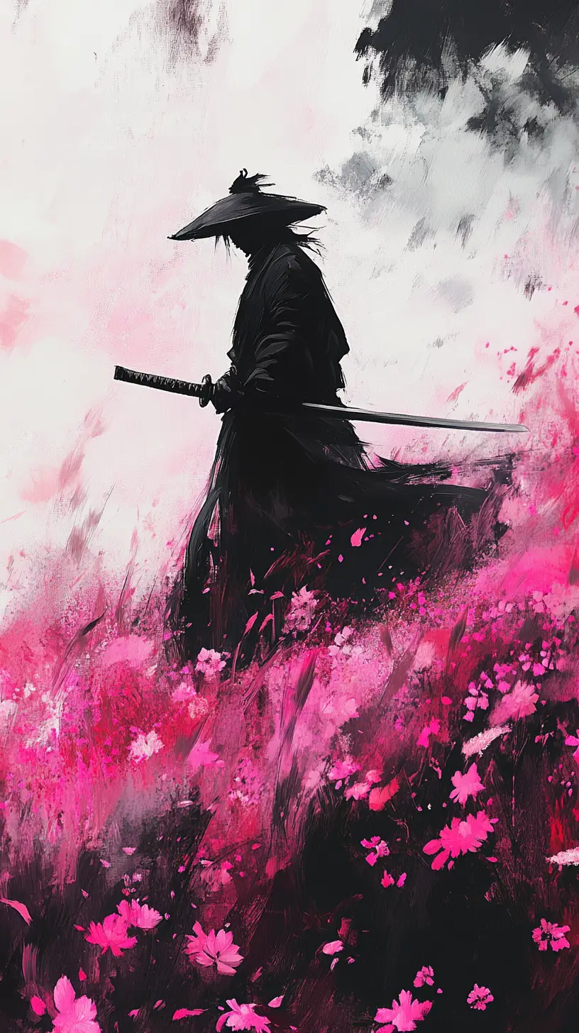 Samurai warrior walking through pink wildflower field