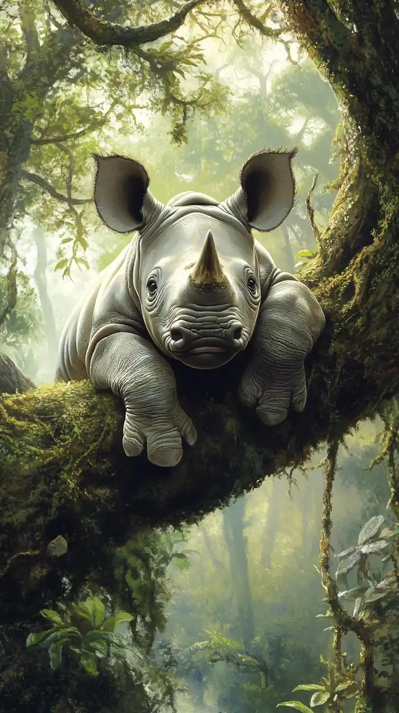 Bébé rhinocéros reposant sur une branche moussue à la lumière de la forêt