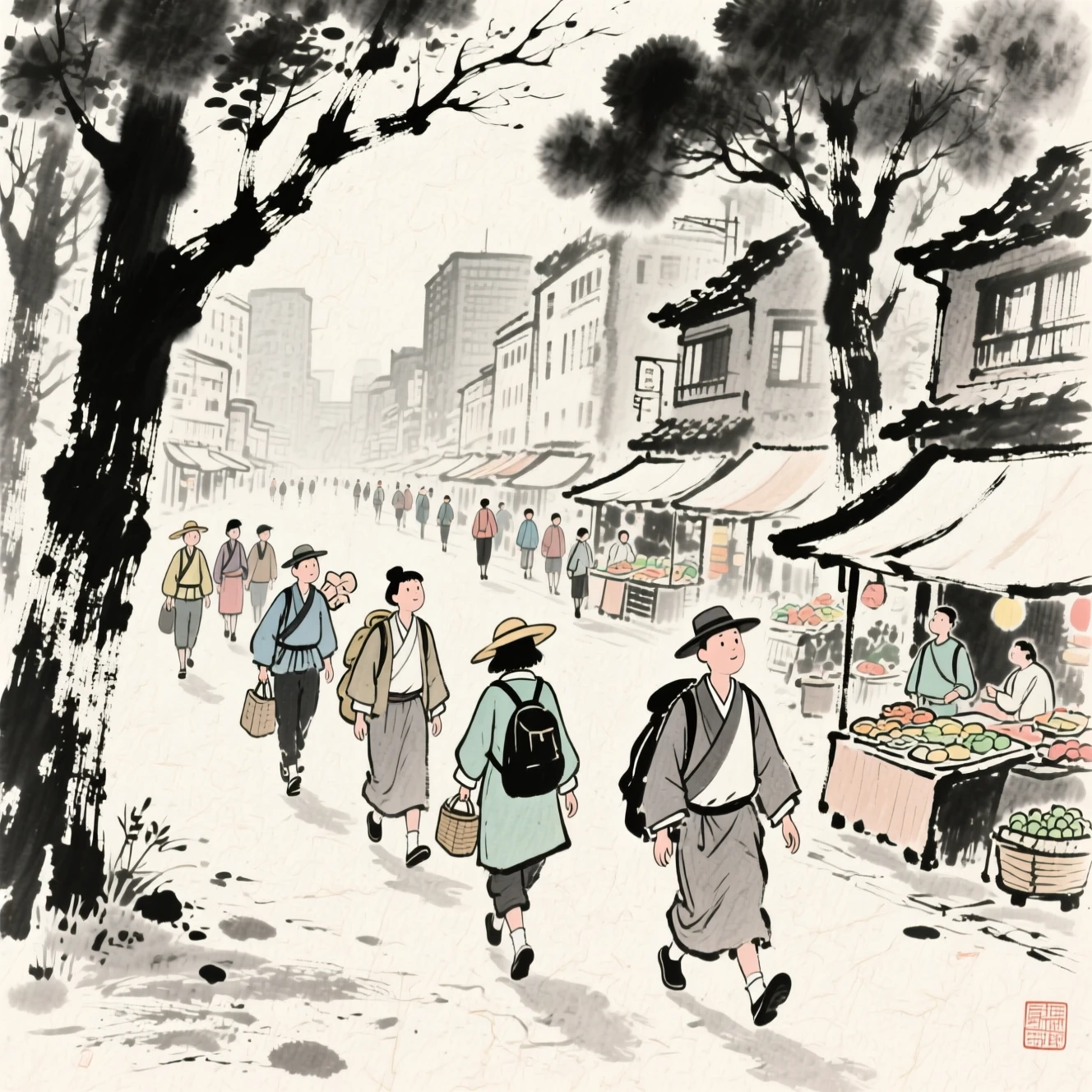 Tradizionale Pittura Giapponese a Inchiostro di Viaggiatori Sereni in Città