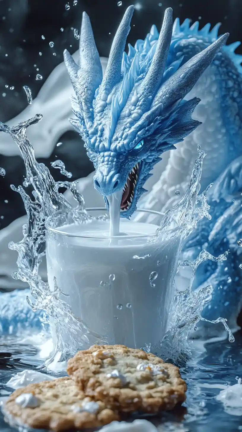 Ice dragon bursting from a glass of milk with cookie