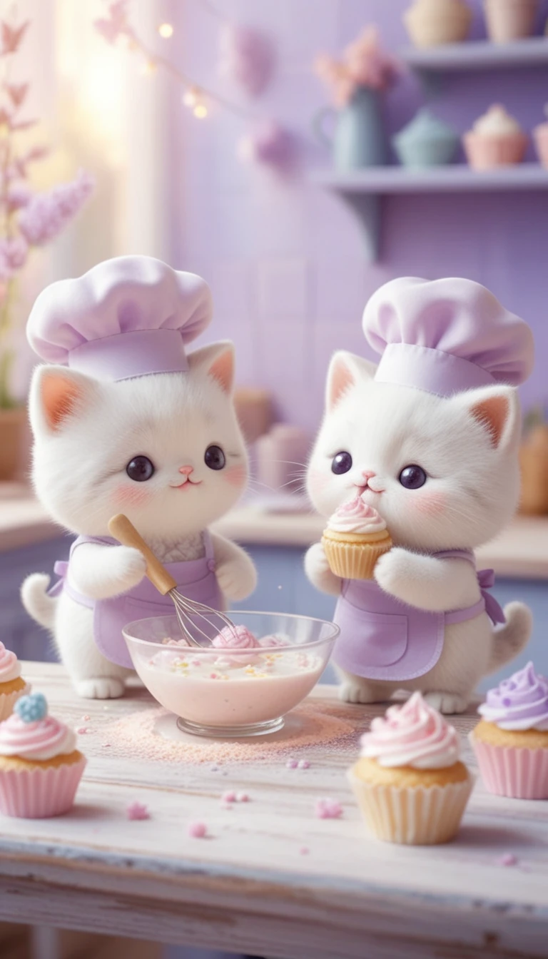 Gatitos kawaii horneando dulces en una cocina mágica de tonos pastel