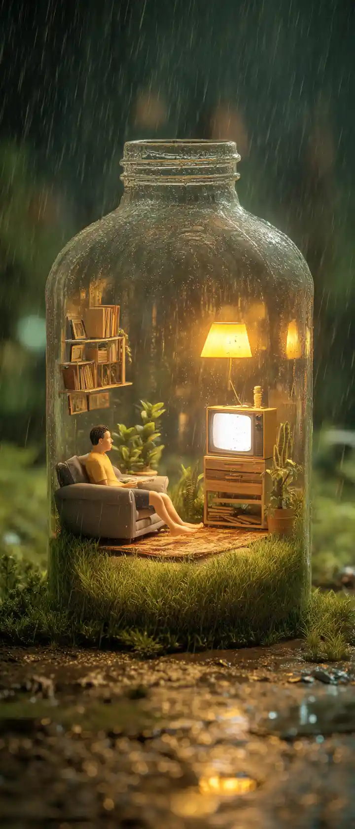 Cozy living room in a glass bottle on wet grass