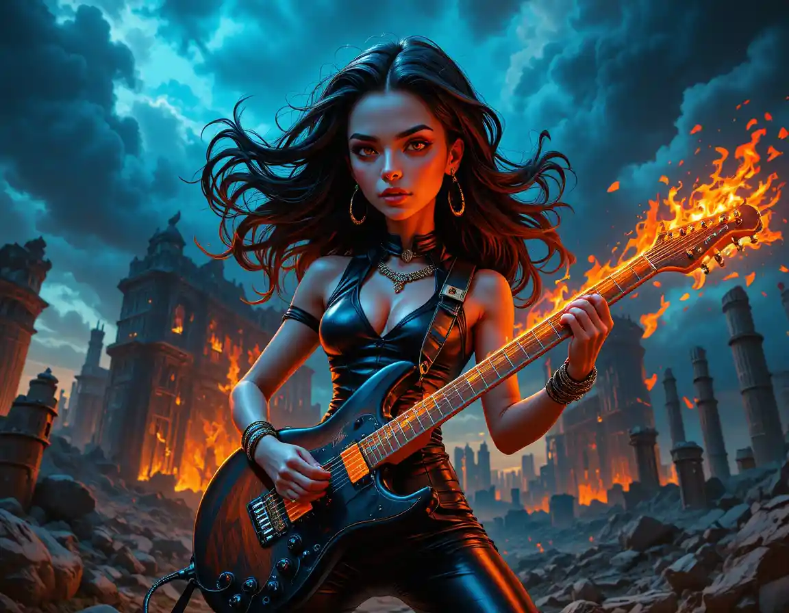 Medusa inspired rock guitarist in stormy ruined landscape