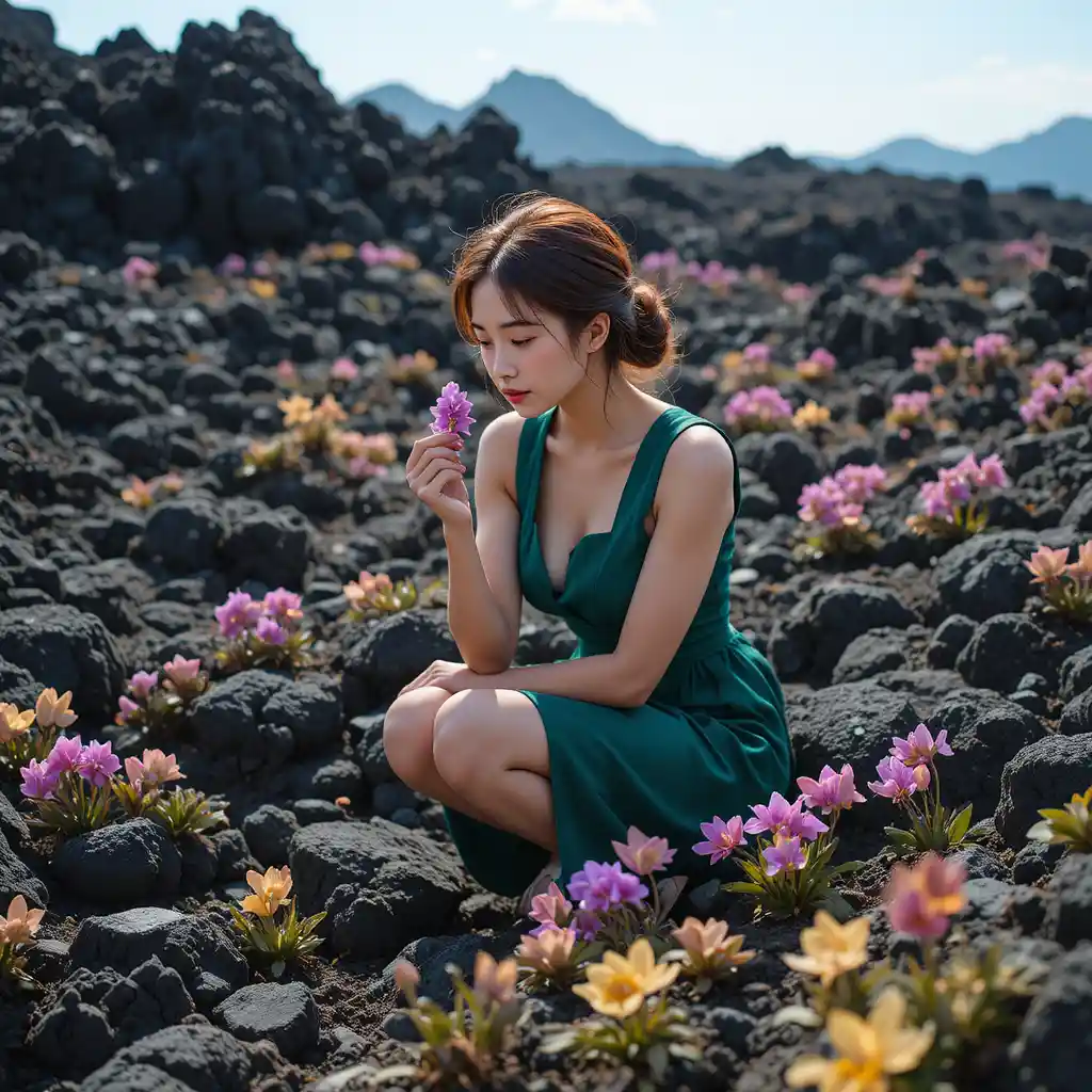 Young woman studying a purple flower on Jeju rocks