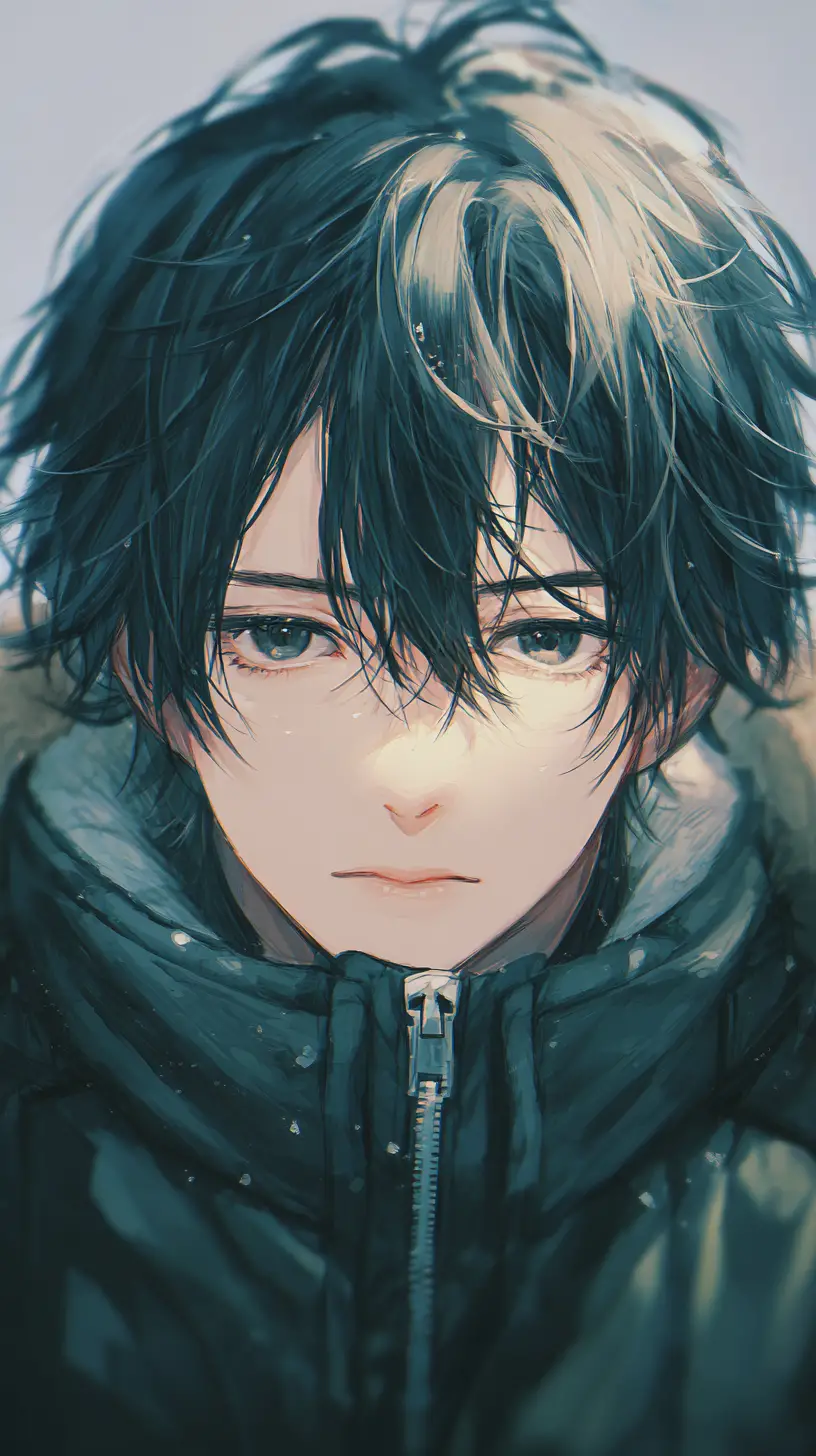 Serene anime man portrait with cool winter jacket