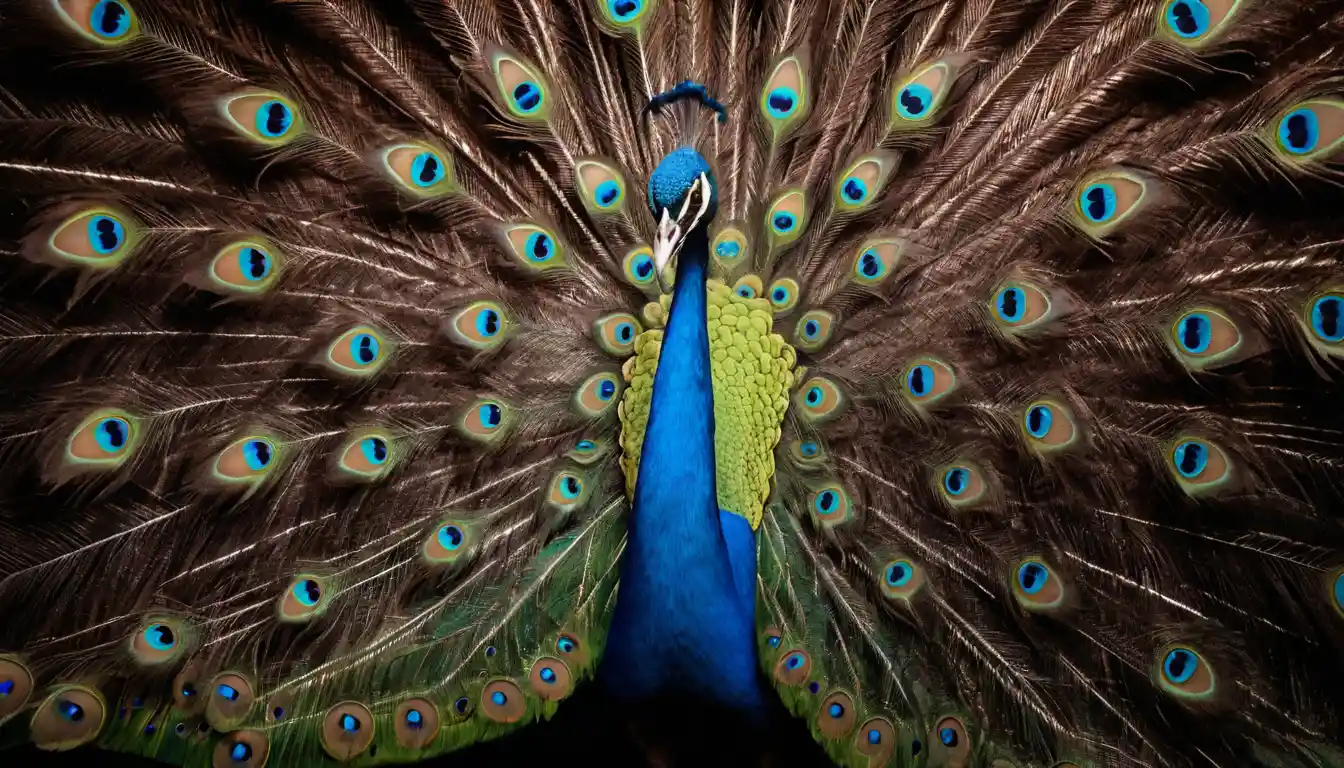 Close up of iridescent peacock feathers under dramatic studio light