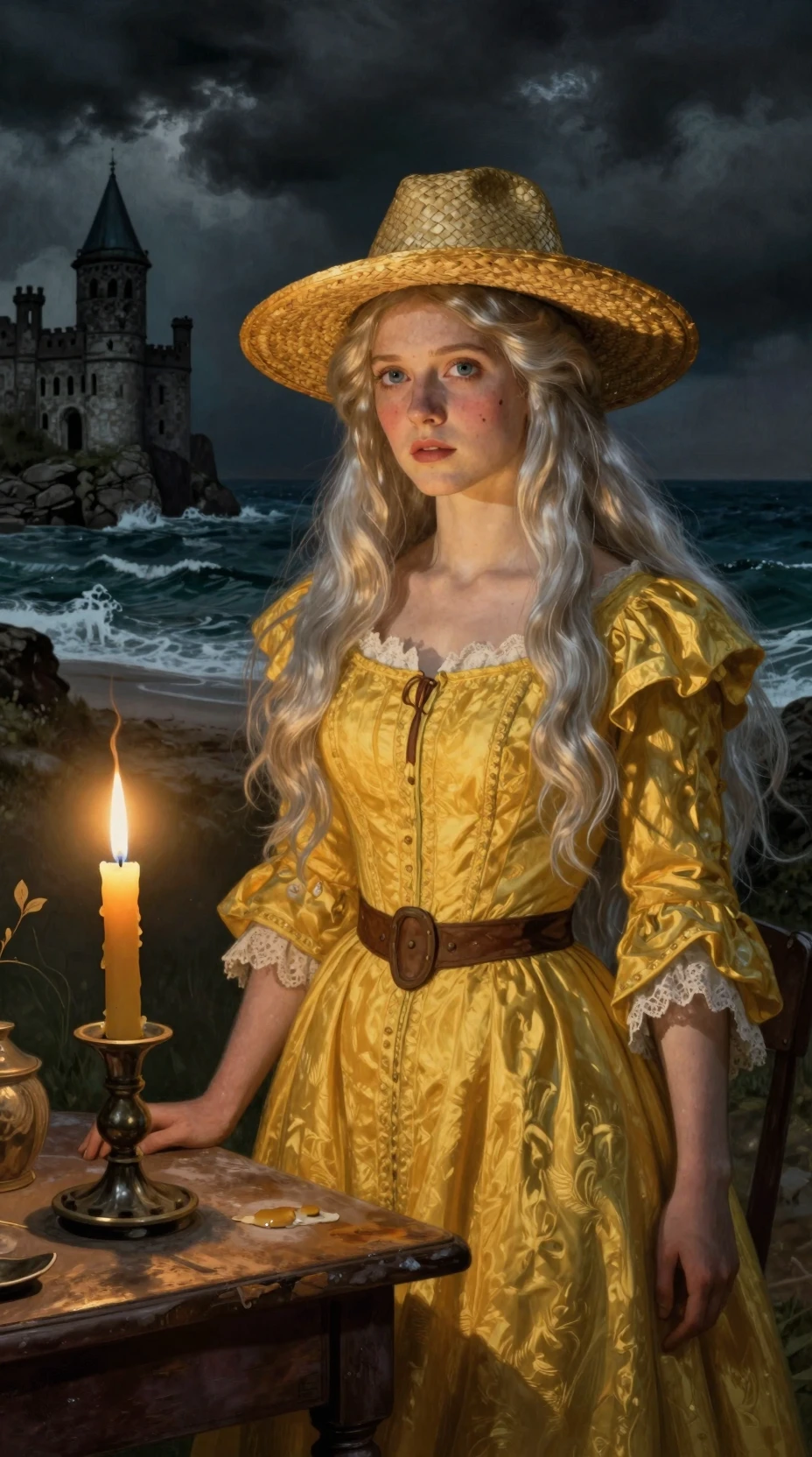 Young woman in windlit backlight by a stormy sea
