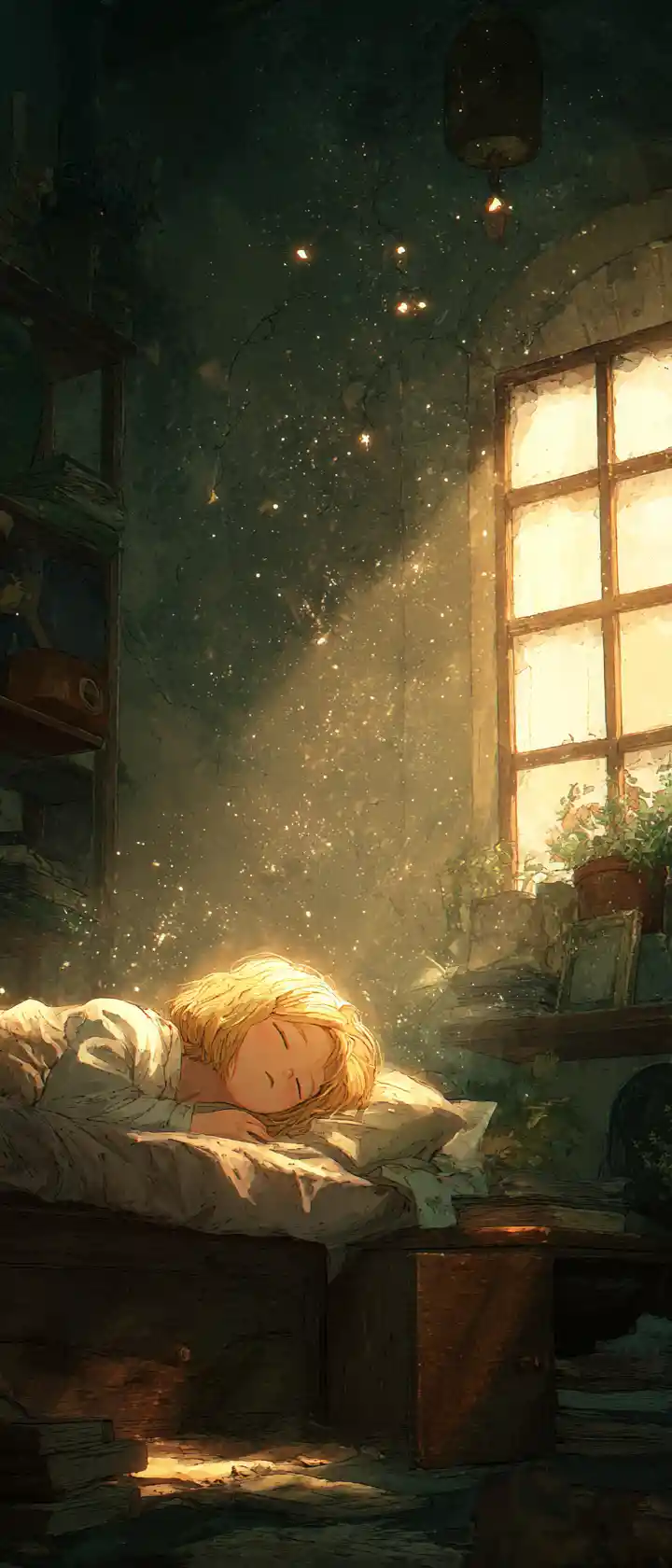 Ragazza che dorme con creatura mistica nella luce solare delicata
