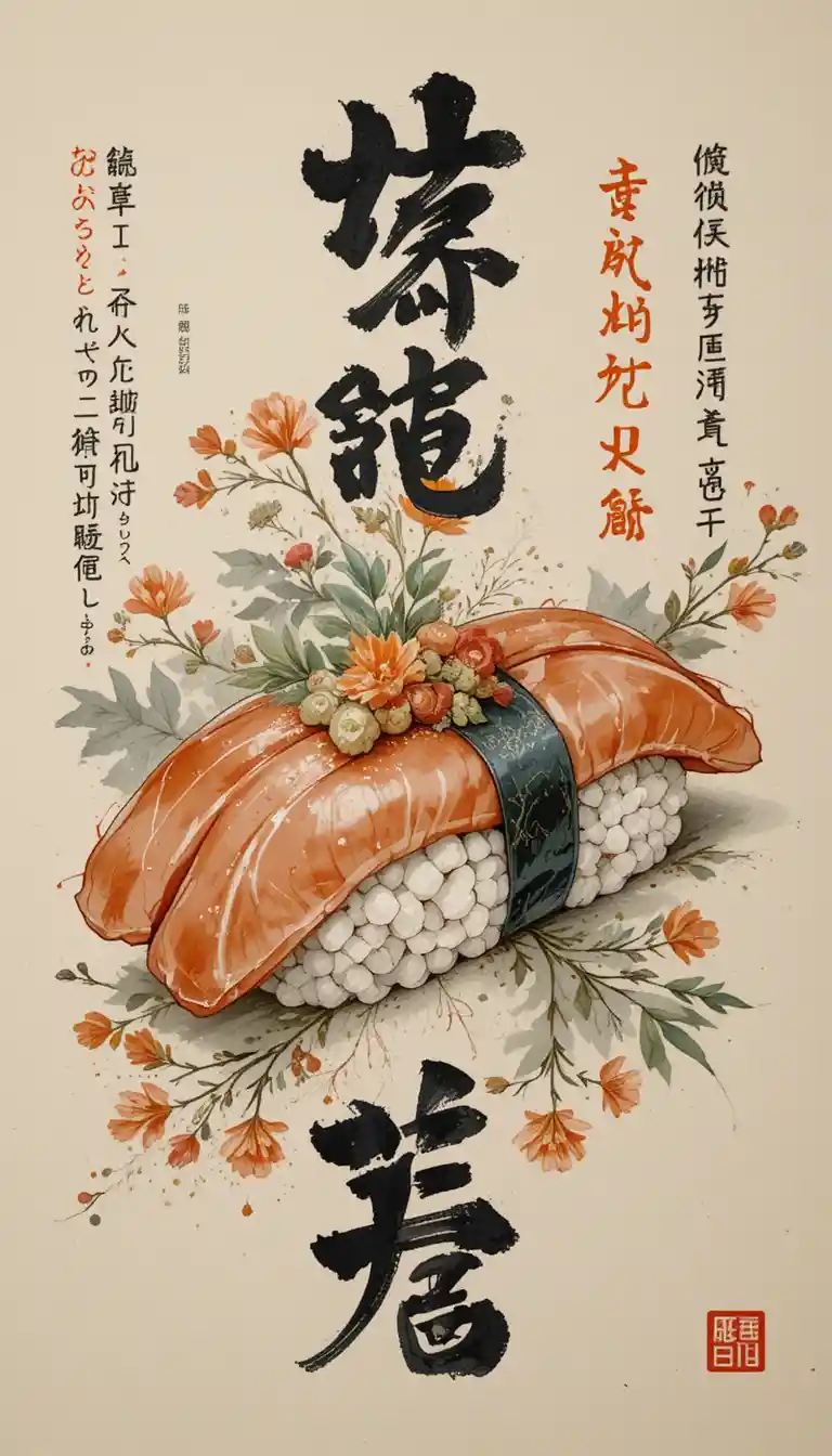 Illustrazione di sushi dipinta a mano con testo giapponese intorno