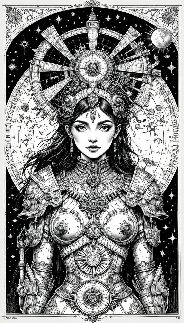 Steampunk warrior woman in intricate alchemical portrait
