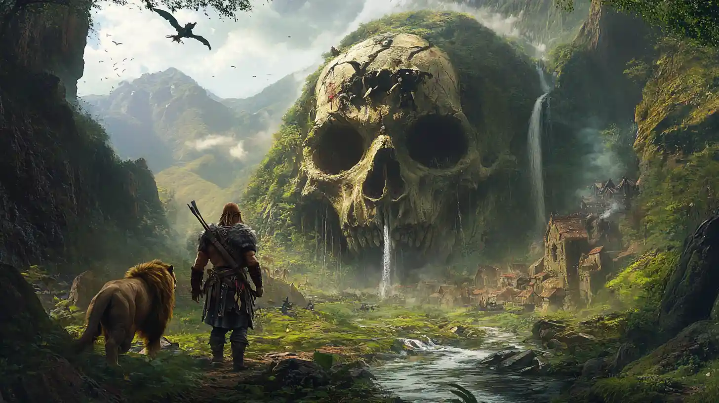 Bárbaro e leão companheiro entrando em um exuberante vale de selva
