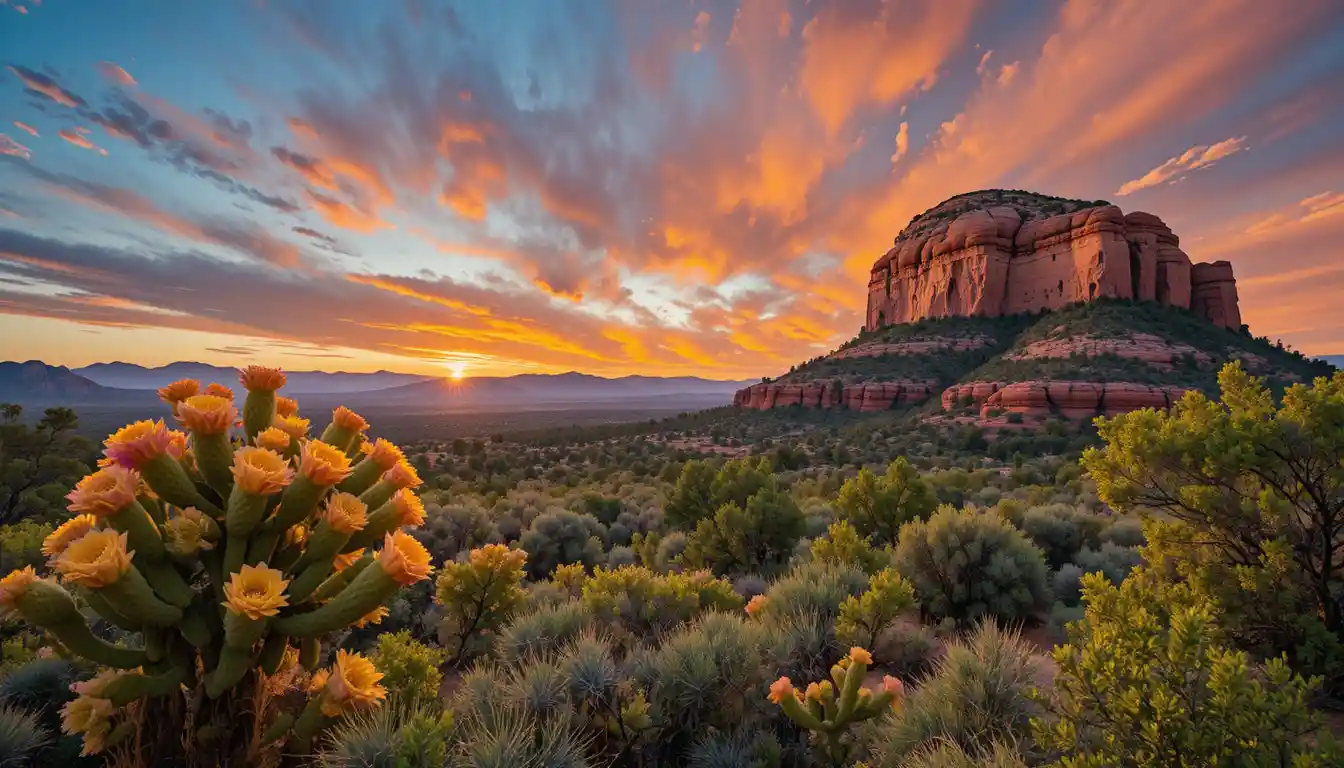 Sunset over Bell Rock with blooming cacti and distant mountains