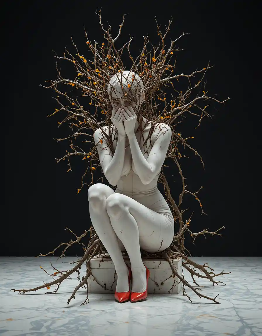 Marble woman in thorns sitting on a mirrored floor