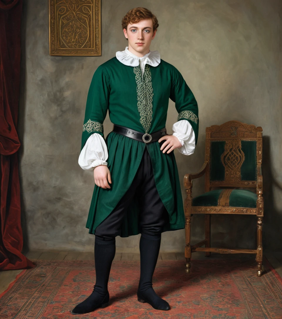 Young Scottish lord in emerald green renaissance attire